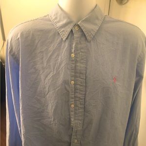 Blue and white checkered polo button down shirt.